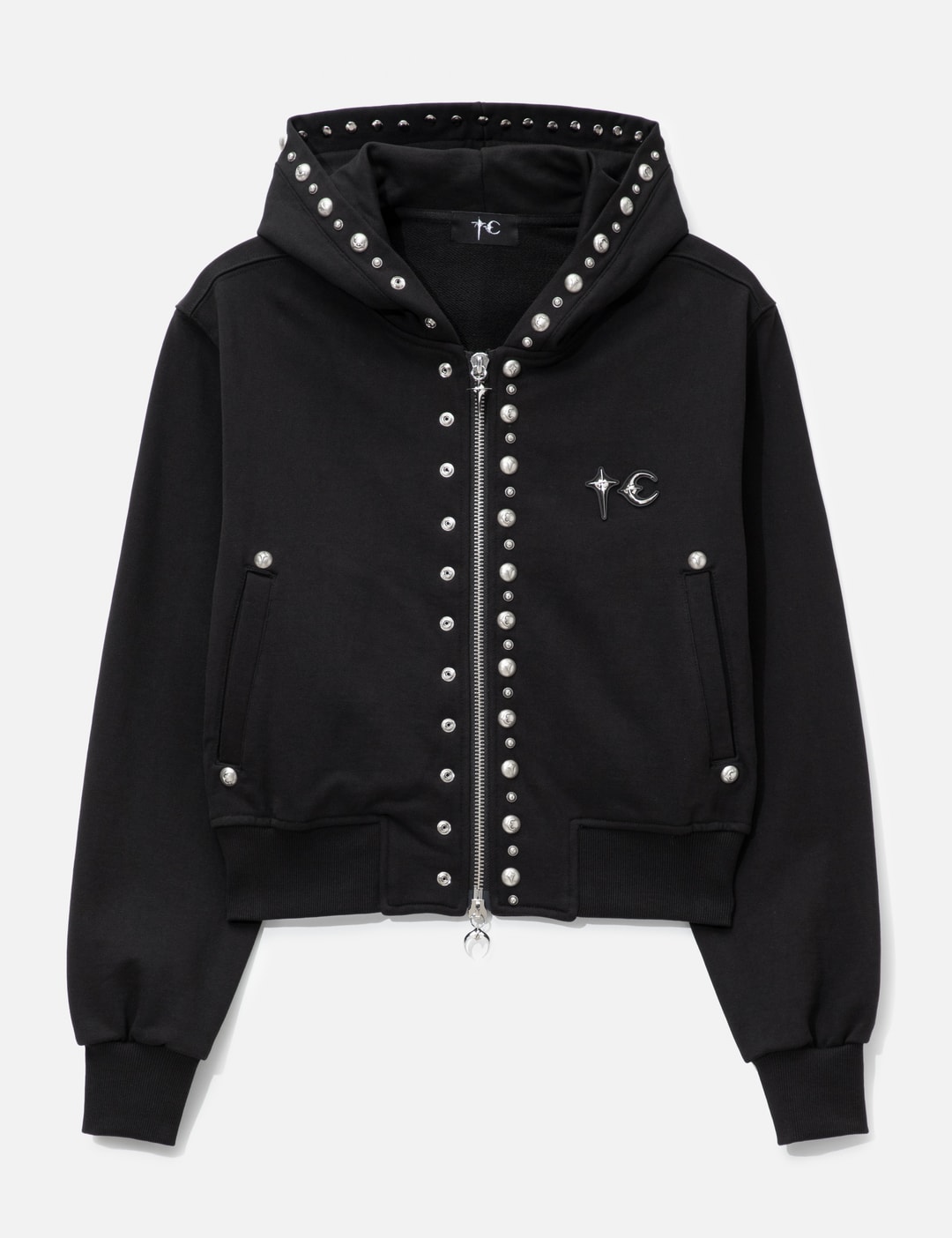 Studded Line Cropped Zip-Up Hoodie