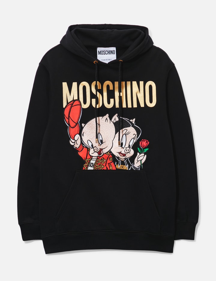 Moschino Porky &amp; Petunia Pig Embriodery Hoodie In Black