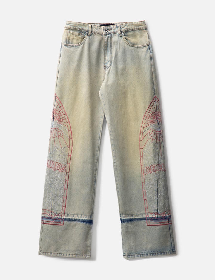 Shop Who Decides War Extended Hem Embroidered Denim Pant In Blue