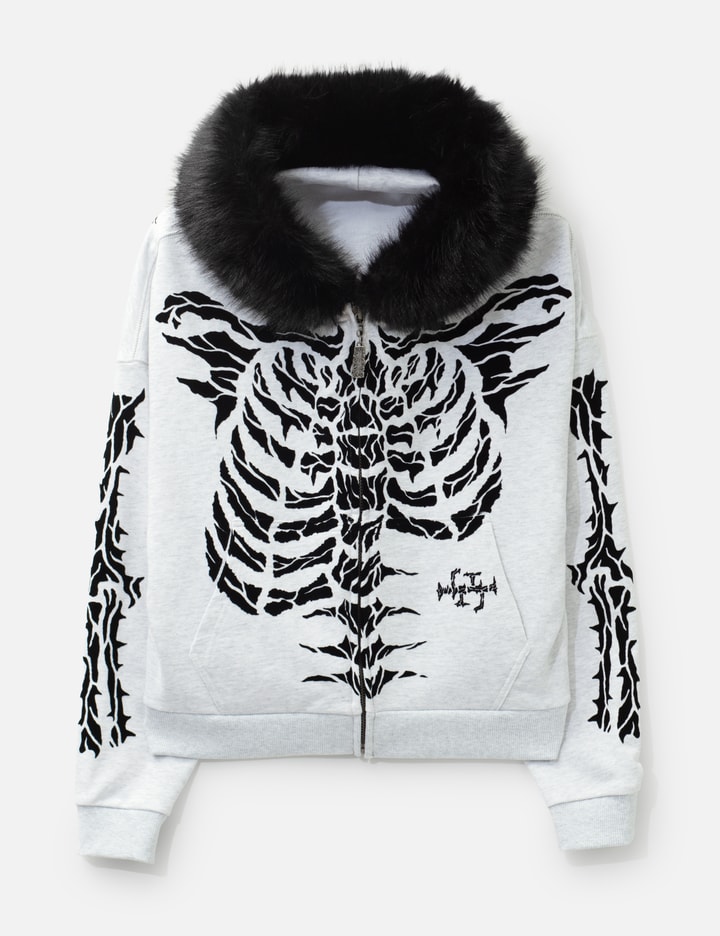 Thought We Friends "Robin" Grey Skeleton Zip-Up Hoodie With Faux Fur Hood
