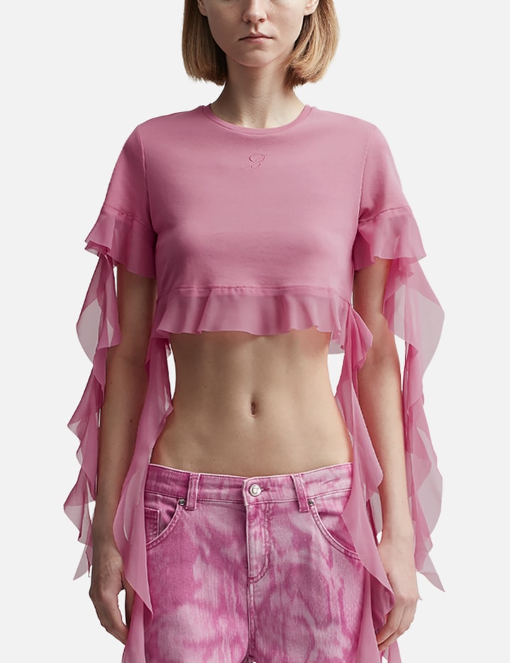 Blumarine Cropped T-shirt With Ruffles And Flounces In Pink