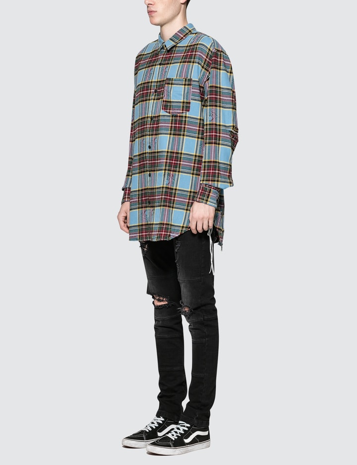 Distressed Flannel Shirt with Side Zip Details Placeholder Image