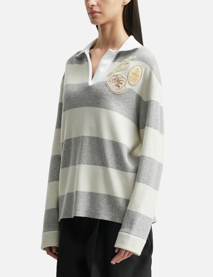 Moncler Striped Long Sleeve Wool Polo Shirt In Gray