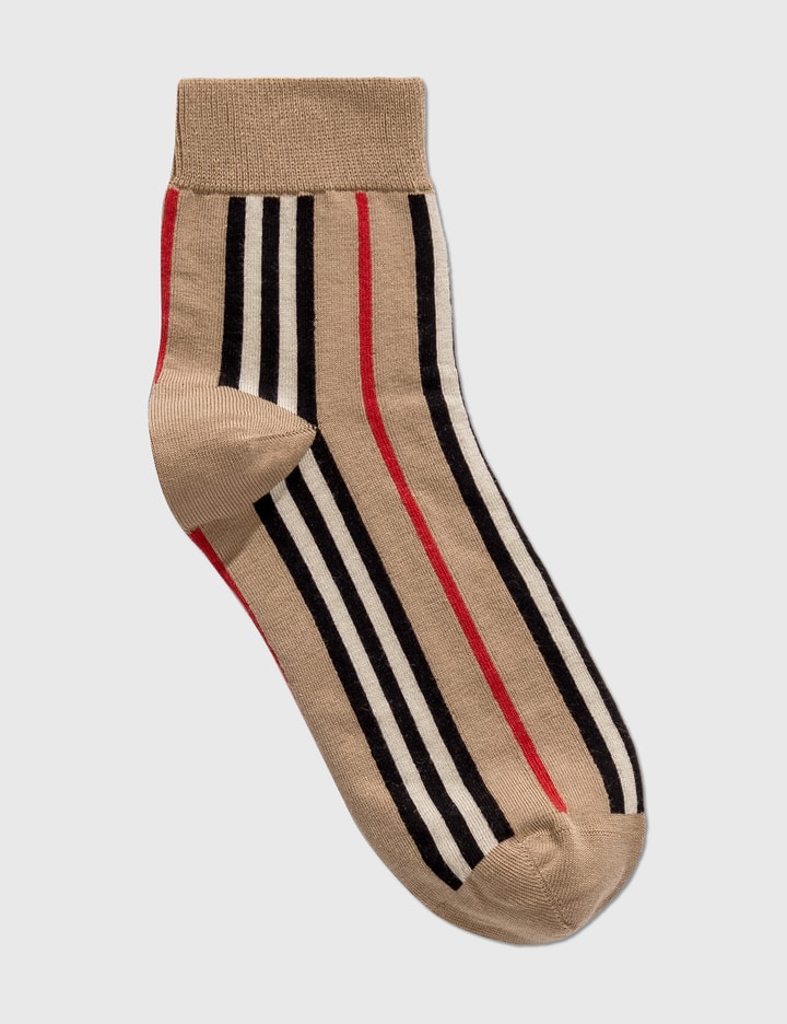 Shop Burberry Icon Stripe Intarsia Cotton Blend Ankle Socks In Beige