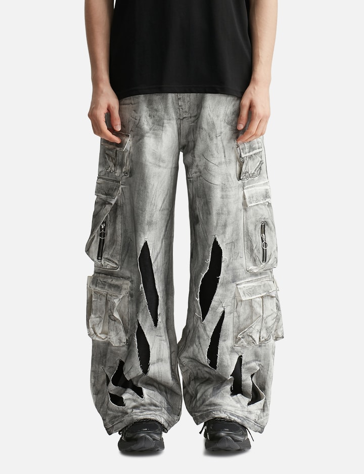 Fine Chaos Waxed White Cargo Trousers In Gray