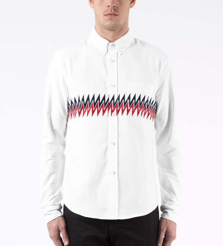 White L/S Button Down Shirt with Zigzag Panel Print Placeholder Image