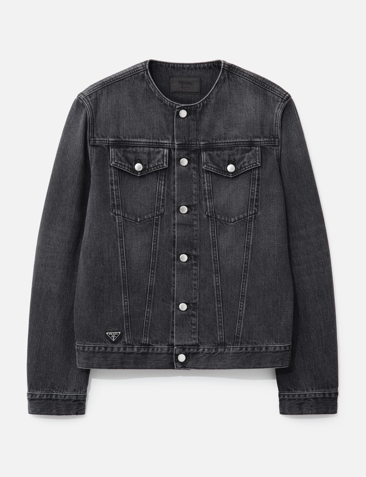Prada Washed Denim Collarless Jacket In Black