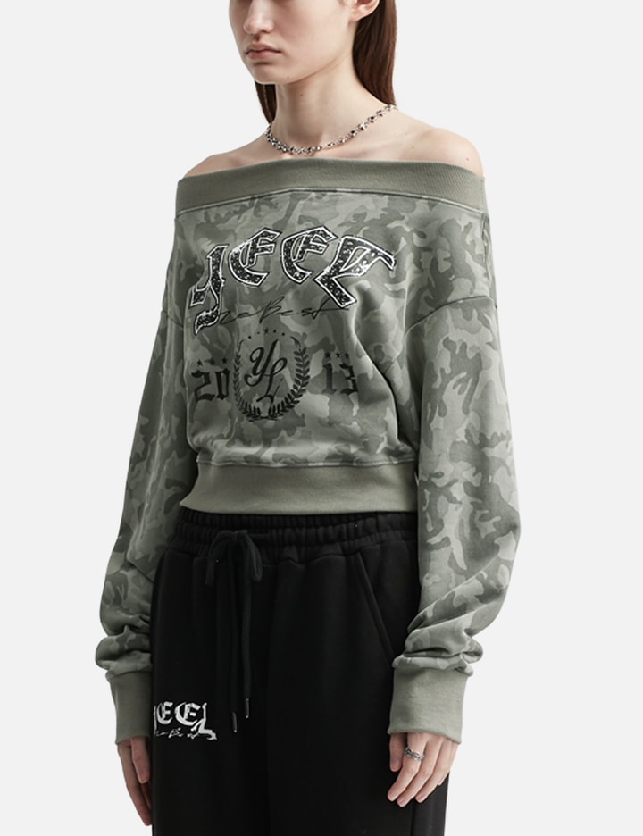 Graphic Off-shoulder Cropped Top Camo Placeholder Image