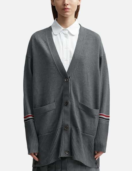Thom Browne Merino Wool Stripe Exaggerated V-neck Cardigan