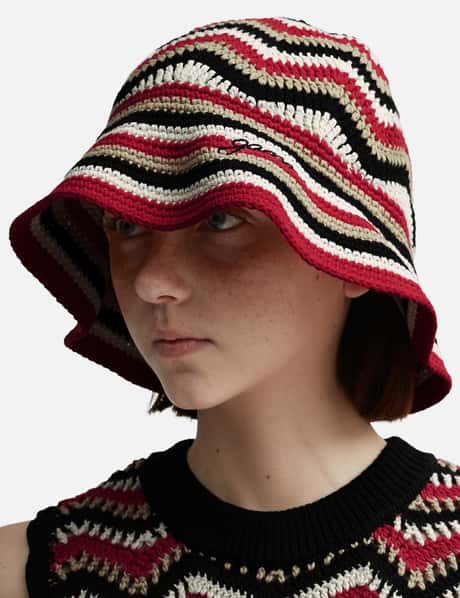 Ganni Red Cotton Crochet Bucket Hat HBX Globally Curated