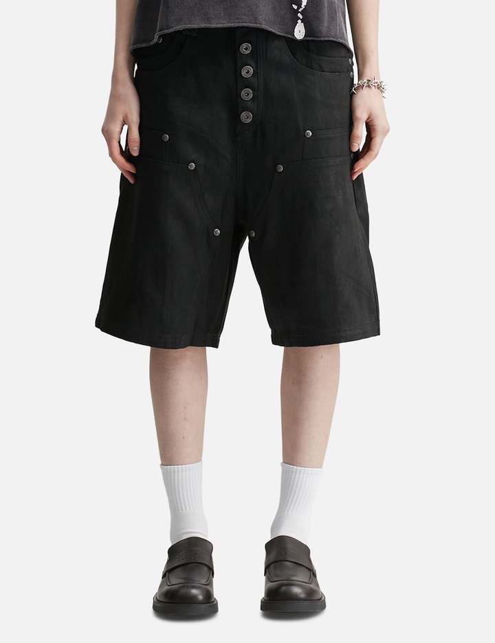"Rexel" Waxed Double Knee Work Jorts In Black Denim view 3