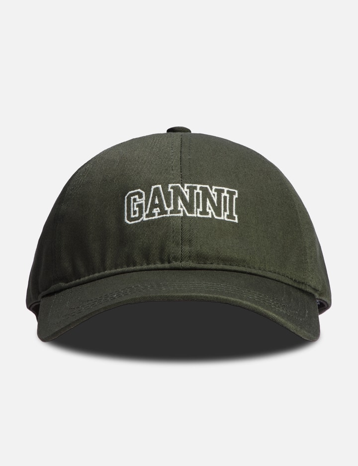 Ganni Green Embroidered Logo Cap In Brown