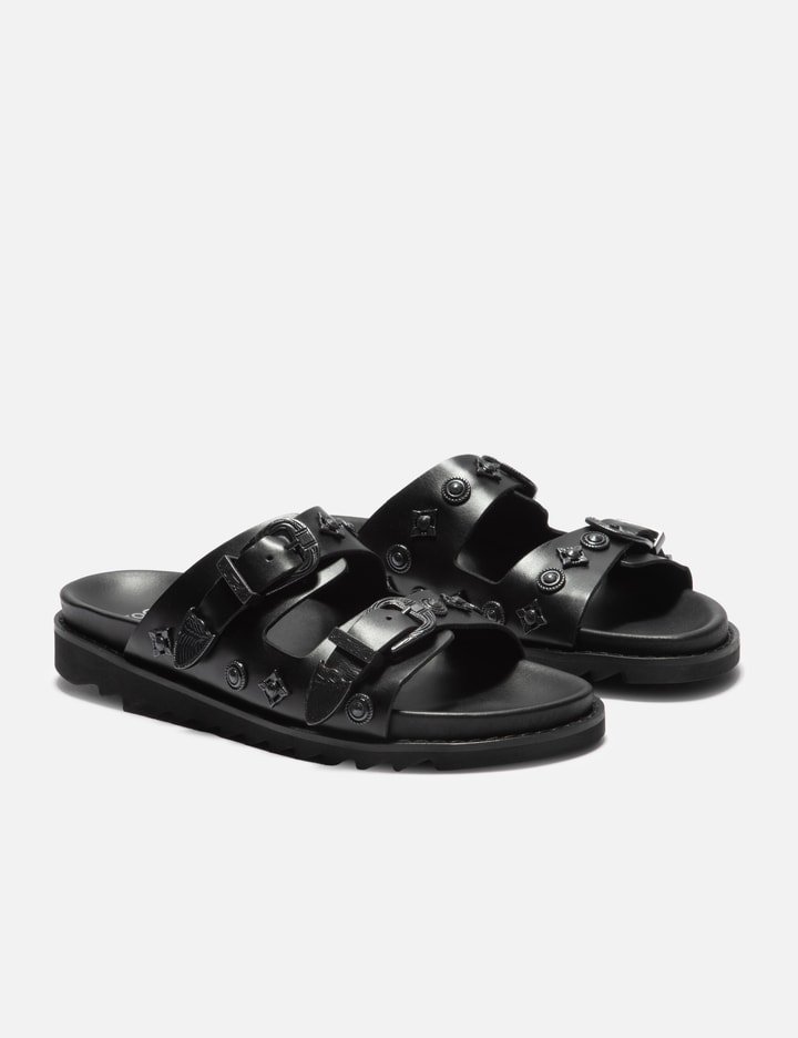 BLACK LEATHER GUNMETAL HARDWARE SANDAL Placeholder Image