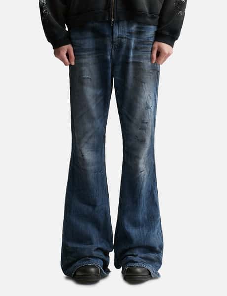 Undermycar - Oil Stained Wrinkled Wide Flare Jeans | HBX