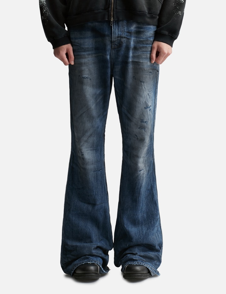 Oil Stained Wrinkled Wide Flare Jeans Placeholder Image