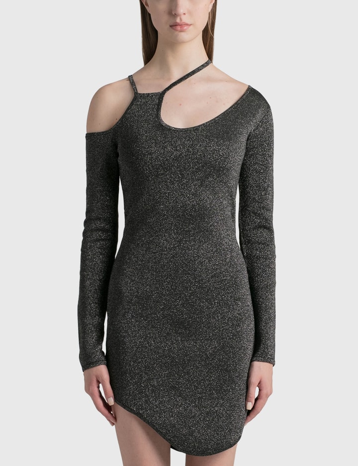 Jw Anderson Cutout Lurex Knit Asymmetric Mini Dress In Silver