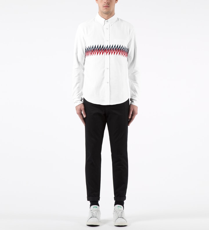 White L/S Button Down Shirt with Zigzag Panel Print Placeholder Image