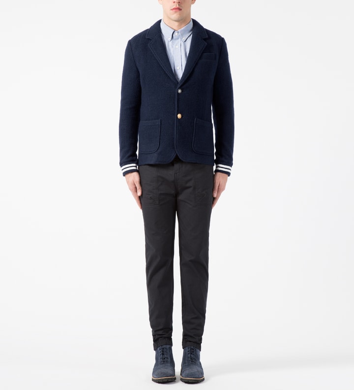 Classic Navy Felted Fleece Mix Button Blazer with Rib Cuffs Placeholder Image