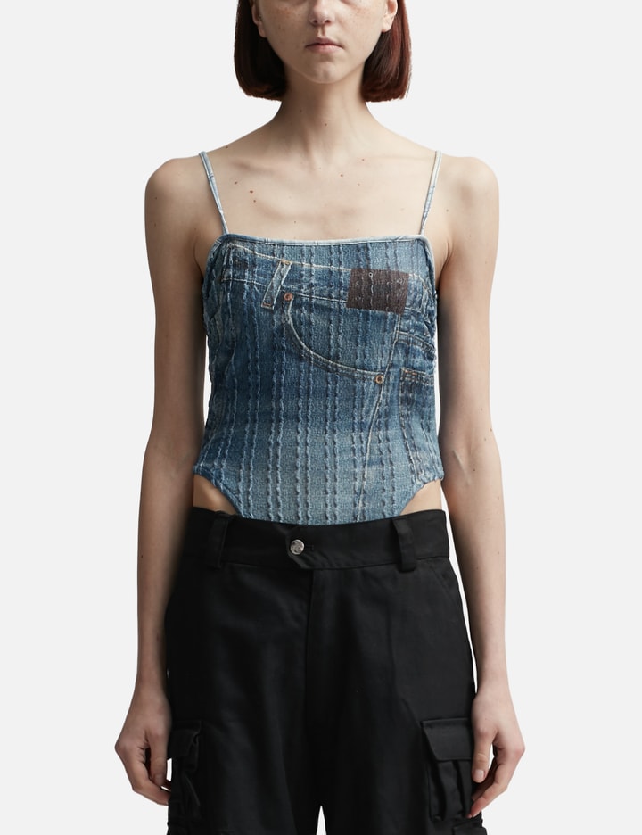 Andersson Bell Denim Printed Knit Bodysuit In Blue