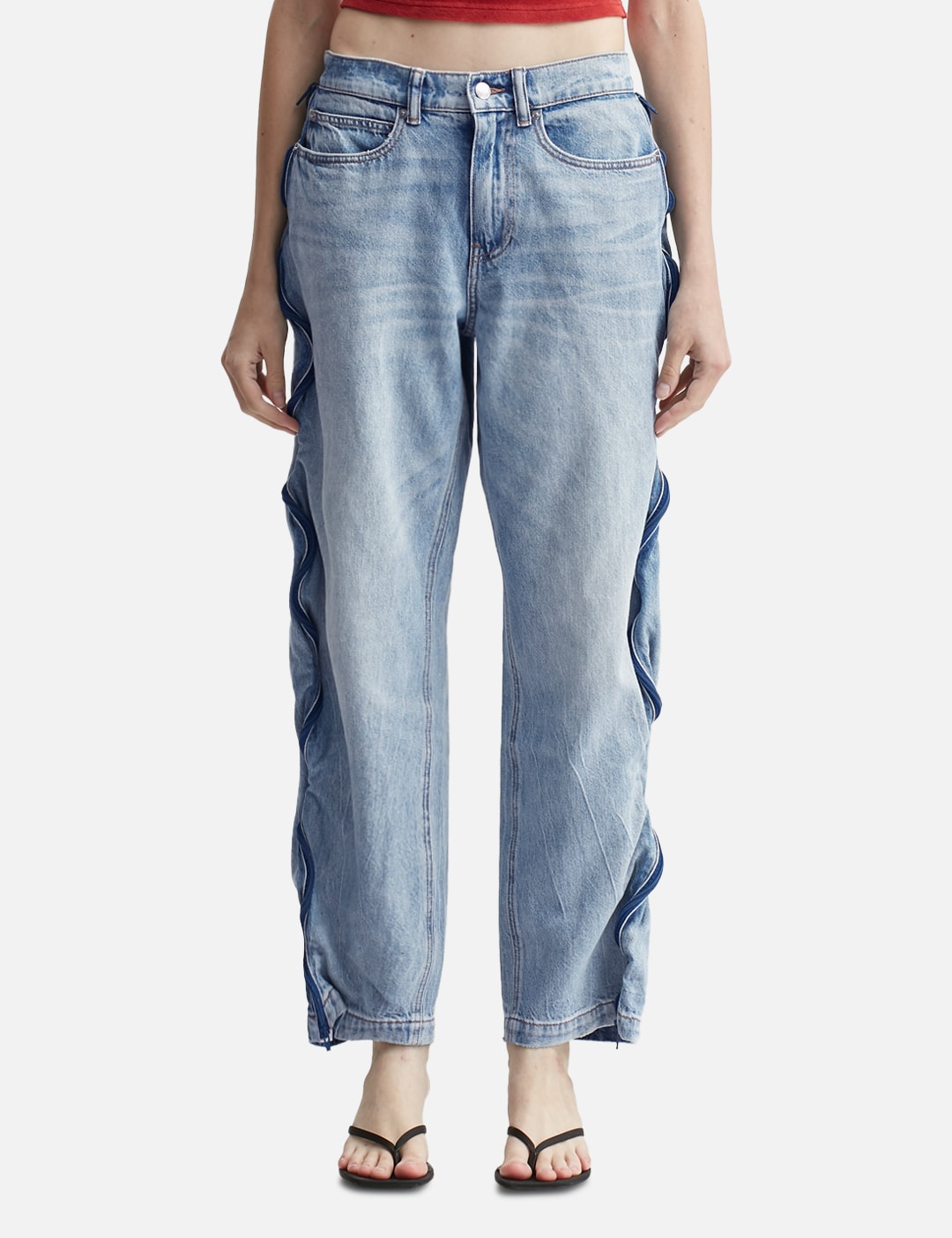 Bleach Blue Denim And Mesh Zipper Pants view 19