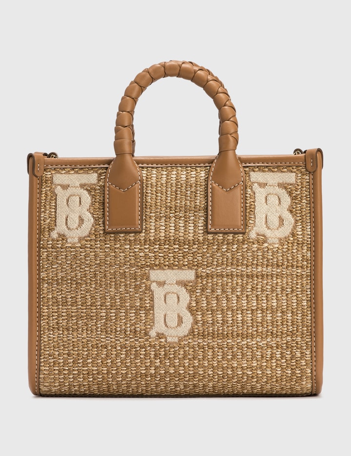 Burberry Beige/White Raffia and Leather Pocket Mini Tote Bag