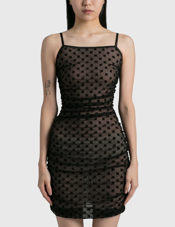 Misbhv - MONOGRAM MESH DRAPED MINI DRESS BLACK | HBX Misbhv - MONOGRAM MESH DRAPED MINI DRESS BLACK | HBX