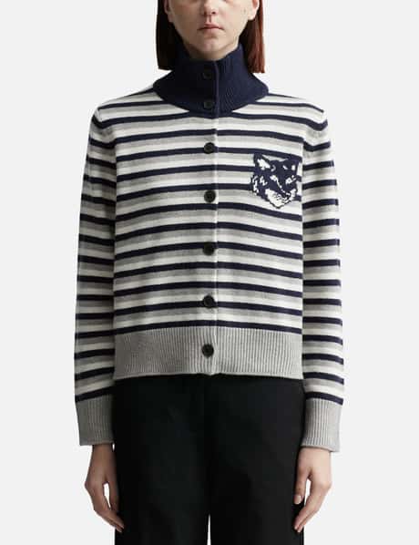 Maison Kitsuné Fox Head Intarsia Striped High Neck Cardigan