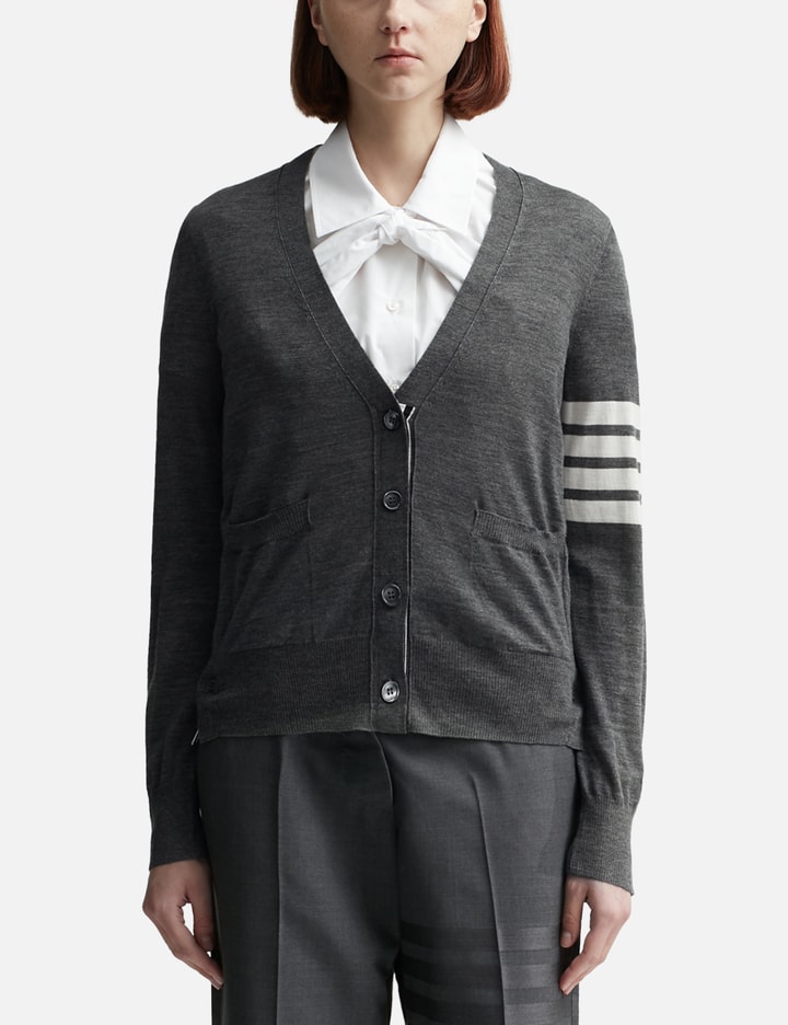 Shop Thom Browne Fine Merino Wool V-neck 4-bar Cardigan In Grey