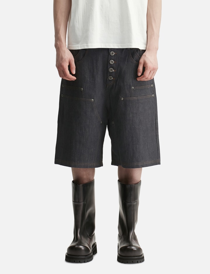 "Rexel" Waxed Double Knee Work Jorts In Japanese Raw Blue Denim view 3