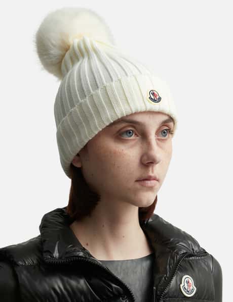 Moncler - WHITE WOOL BEANIE WITH POM POM | HBX display picture 1