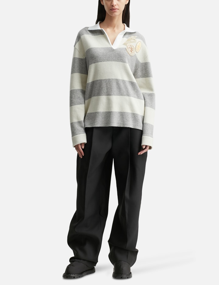 Moncler Striped Long Sleeve Wool Polo Shirt In Gray