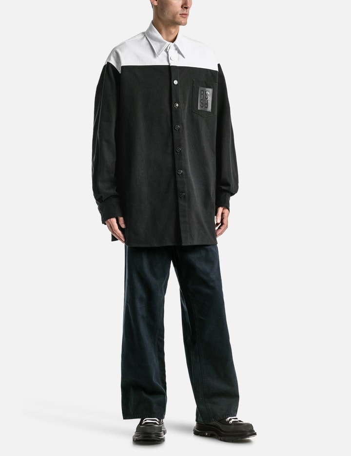 OVERSIZED BICOLOR DENIM SHIRT WITH R PIN IN BACK Placeholder Image