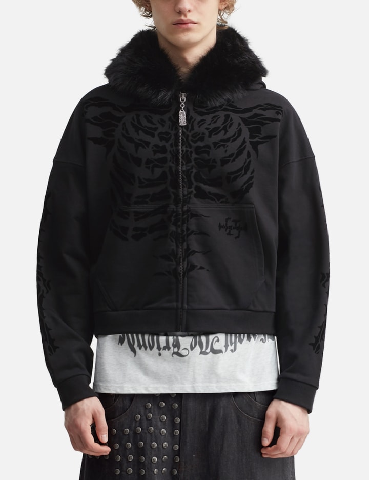 Thought We Friends "Aaron" Black Skeleton Zip-Up Hoodie With Faux Fur Hood