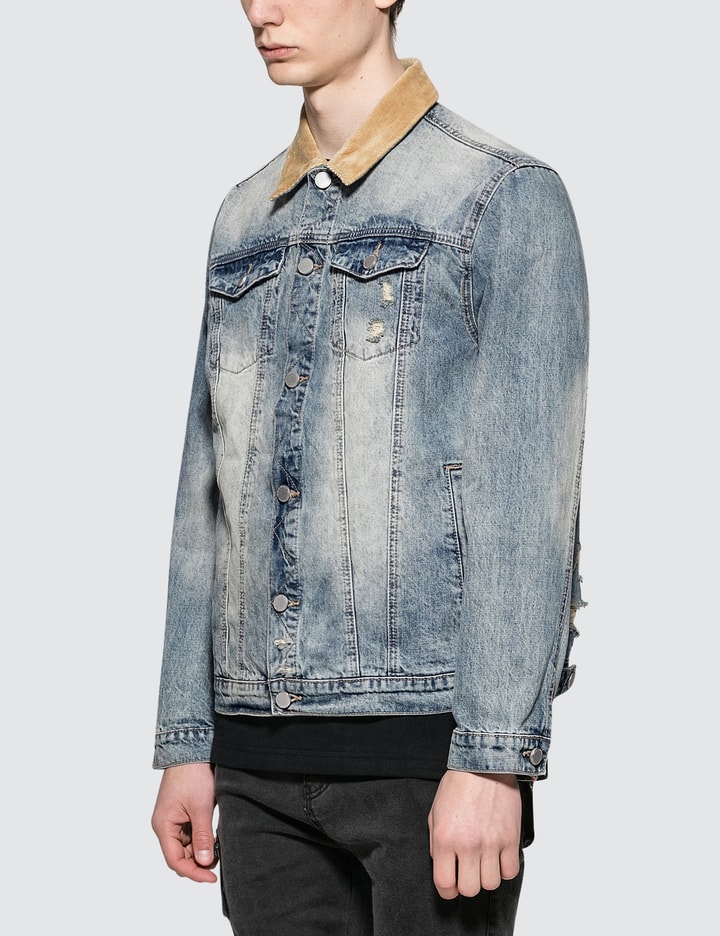 Printed Floral Birds Distressed Denim Jacket with Corduroy Collar Placeholder Image