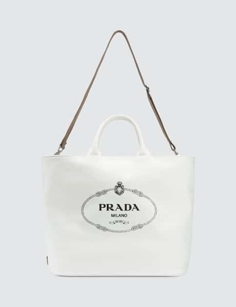 PRADA, Logo Printed Canvas Tote Bag in Black