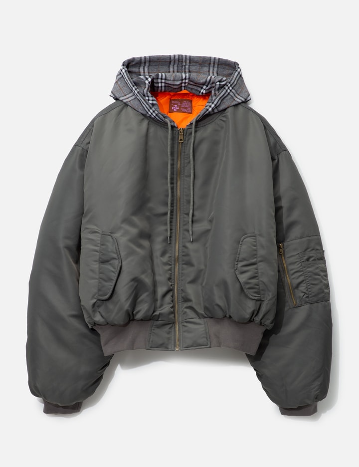 Praying Womens Plaid-hood Shell Bomber Jacket Grey Xs