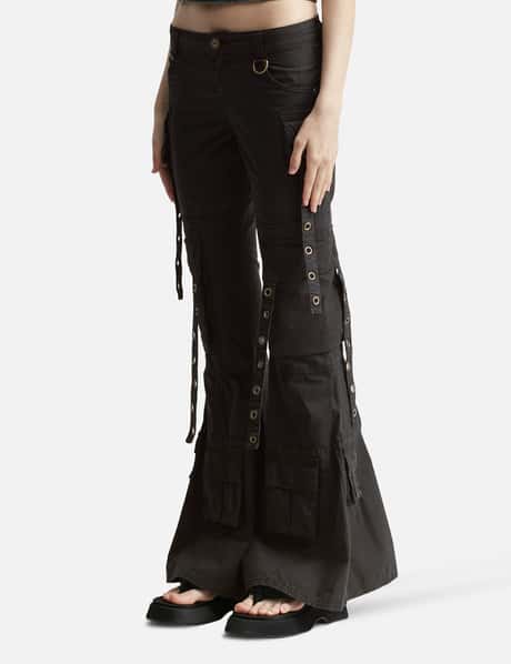 Gothic Black Low Waist Zipper Chains Bell Bottoms Cargo Pants for Women