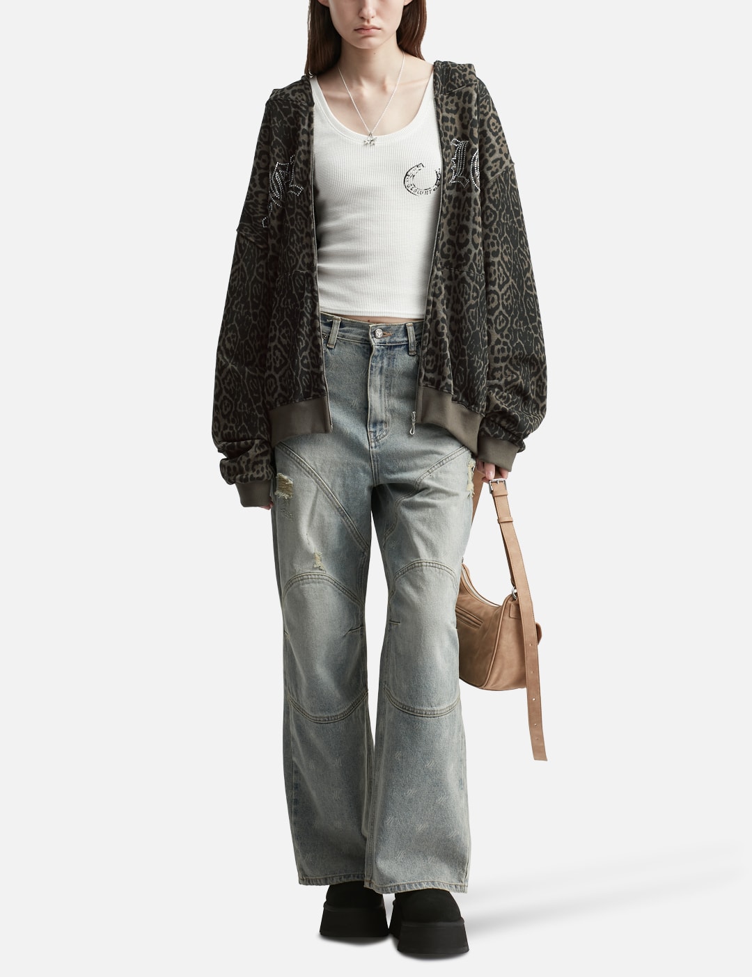 Studded Zip-Up Hoodie Oversized Leopard view 16