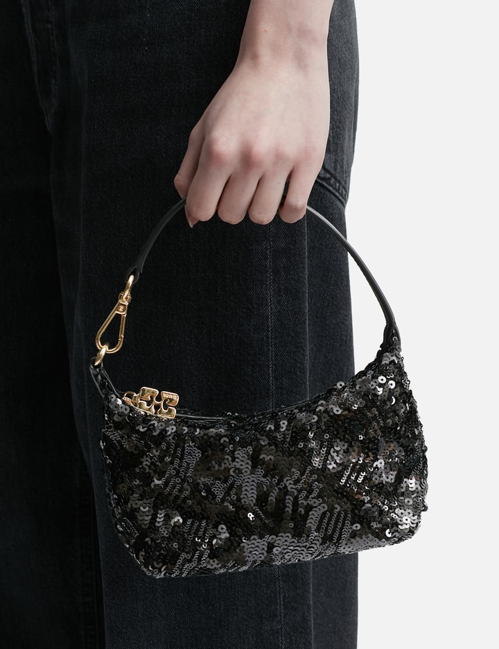 Shop Ganni Small Butterfly Pouch Sequin Bag In Black