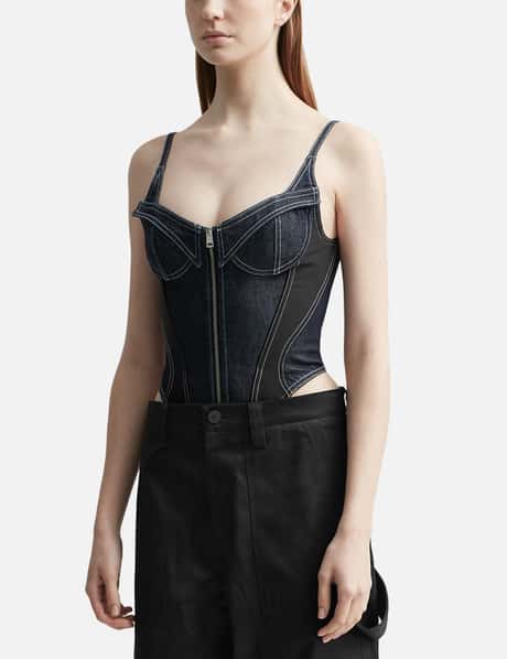 Two-tone denim front zip corset bodysuit - MUGLER - Women