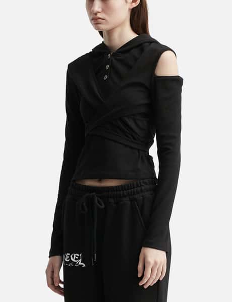 Strap Hooded Long Sleeve Top Black view 7