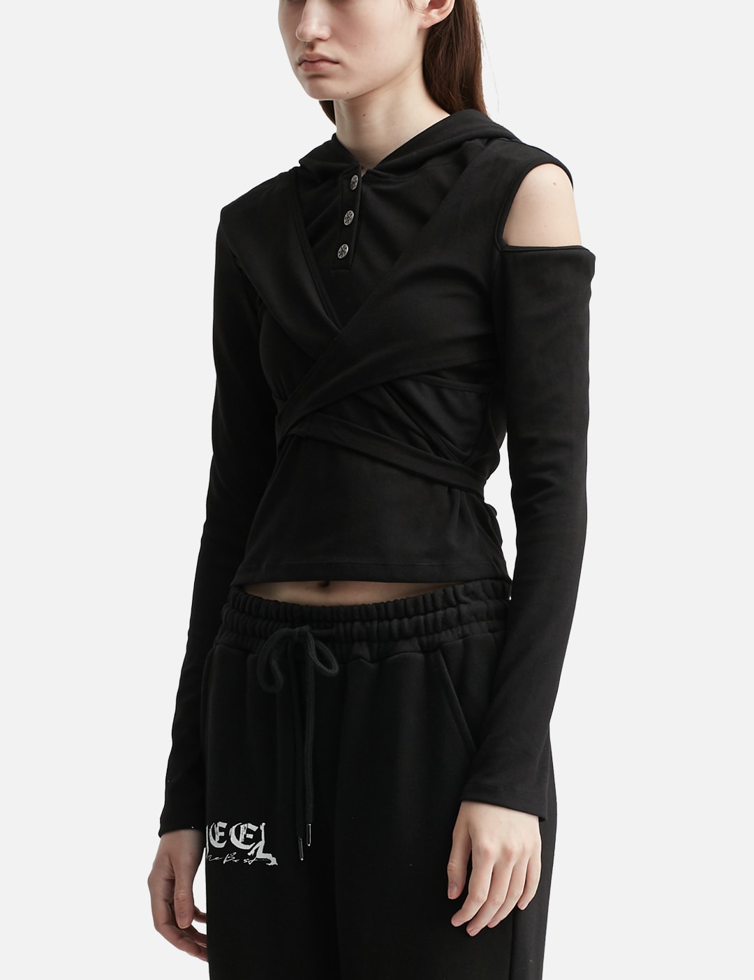 Strap Hooded Long Sleeve Top Black view 14