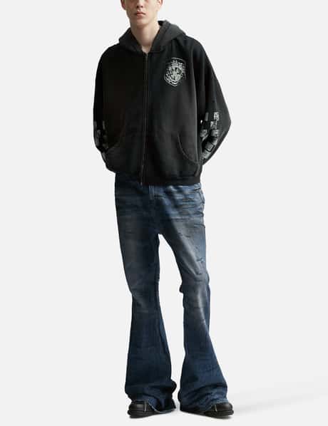 Undermycar - Oil Stained Wrinkled Wide Flare Jeans | HBX