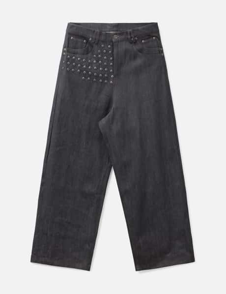 "Devlin" Studded Waxed Japanese Raw Denims In Blue view 6