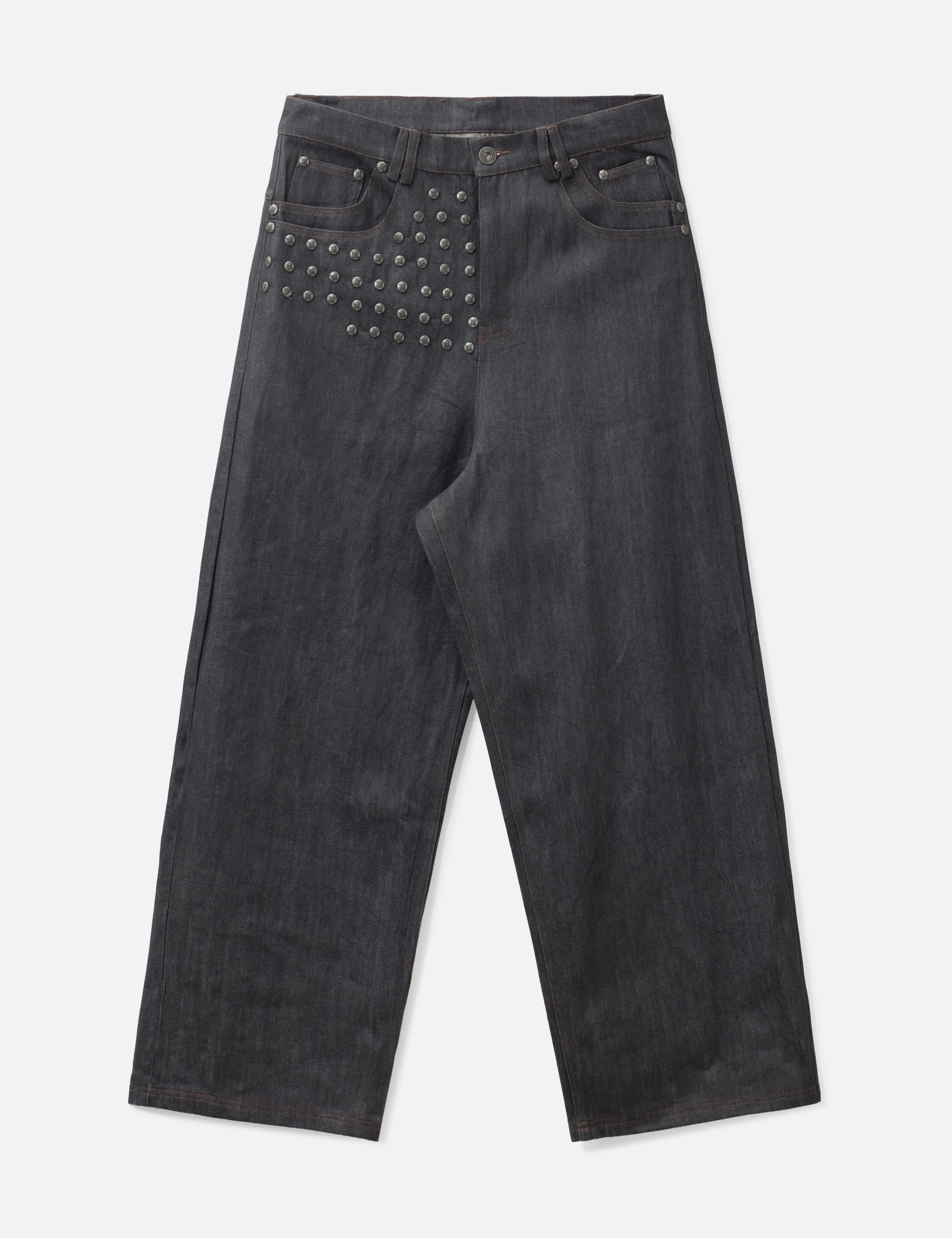 "Devlin" Studded Waxed Japanese Raw Denims In Blue view 16