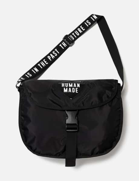 Human Made Shoulder Bag - Black nylon bag with logo strap and A4 