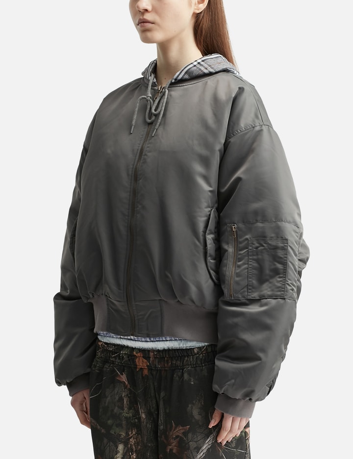 Praying Womens Plaid-hood Shell Bomber Jacket Grey Xs