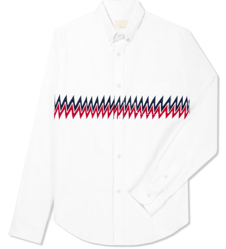 White L/S Button Down Shirt with Zigzag Panel Print Placeholder Image