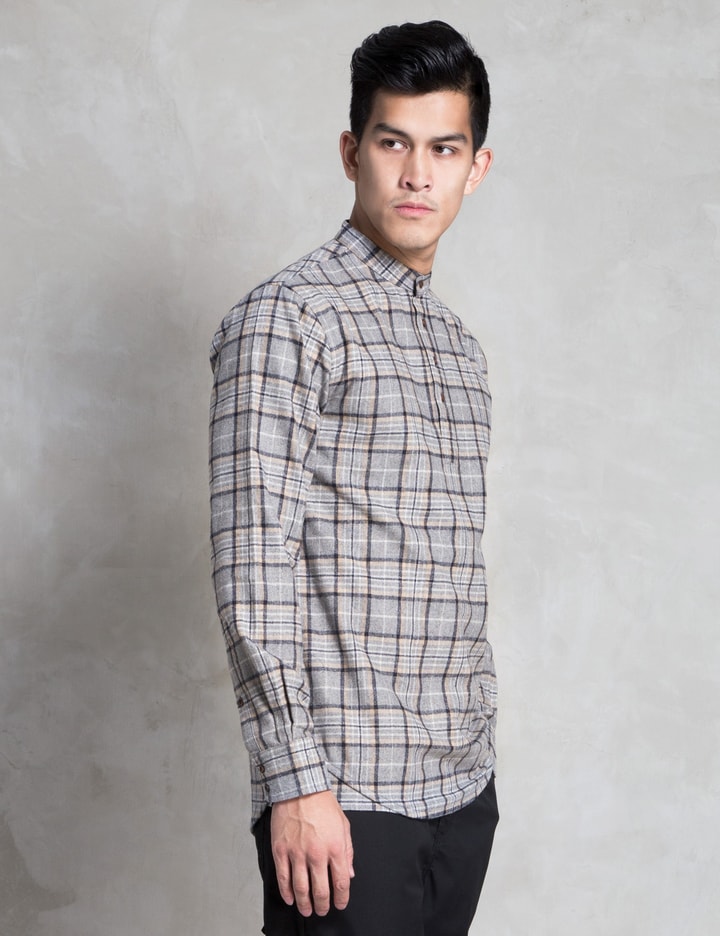 Grey Plaid Mandarin Pullover Shirt Placeholder Image