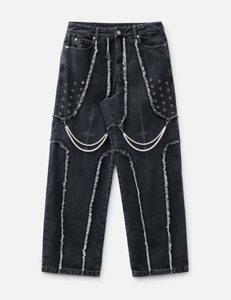 LIBERE DESTROYED CROSS DENIM PANTS / BLACK